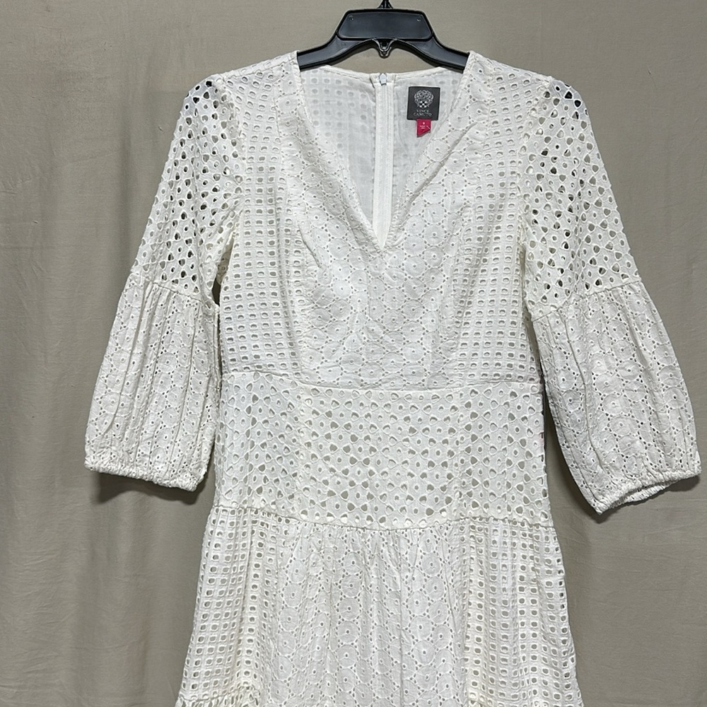 Vince Camuto White Eyelet V-Neck Tiered Dress - Picture 3 of 9